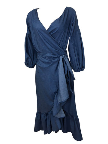 Robe en jean à col en V et manches longues bouffantes avec ourlet à volants pour femme