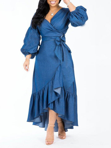 Damen Denim-Kleid mit V-Ausschnitt, Puffärmeln und Rüschensaum