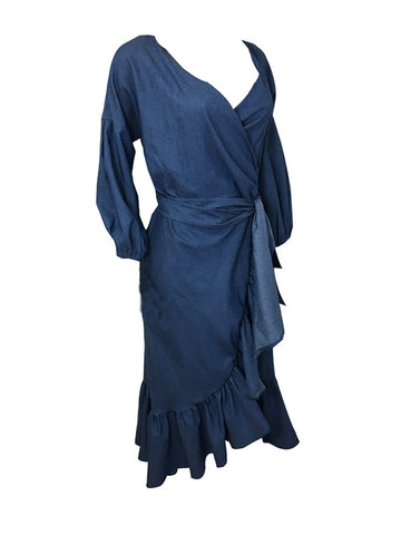 Robe en jean à col en V et manches longues bouffantes avec ourlet à volants pour femme