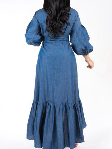 Damen Denim-Kleid mit V-Ausschnitt, Puffärmeln und Rüschensaum