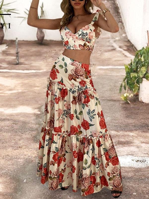 Women Floral Print Sleeveless Crop Top & Floor Length Maxi Skirt Set