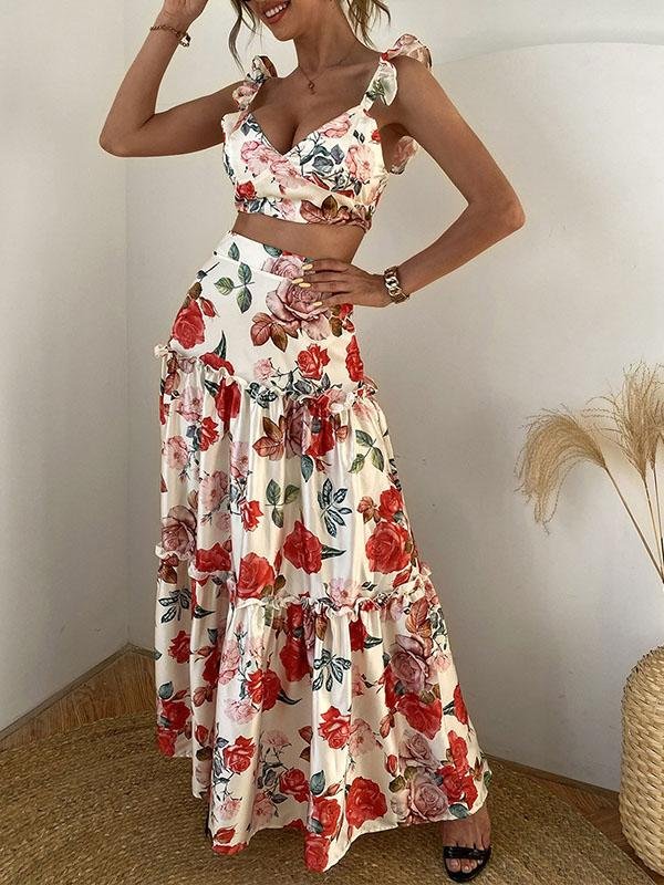 Women Floral Print Sleeveless Crop Top & Floor Length Maxi Skirt Set