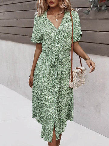 Women Floral Print V Neck Drawstring Belt Midi Dress