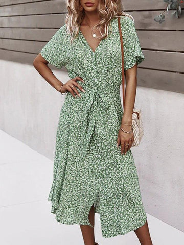 Women Floral Print V Neck Drawstring Belt Midi Dress