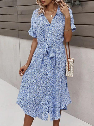 Women Floral Print V Neck Drawstring Belt Midi Dress