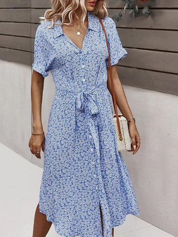 Women Floral Print V Neck Drawstring Belt Midi Dress