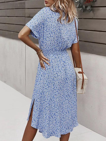 Women Floral Print V Neck Drawstring Belt Midi Dress