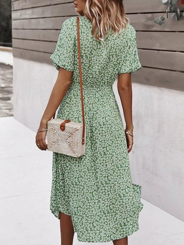 Women Floral Print V Neck Drawstring Belt Midi Dress