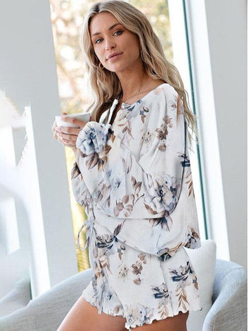 Women Floral Printed Ruffle Short Pajamas Set