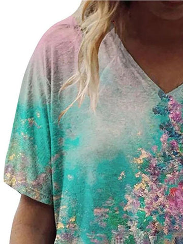 Women Floral Printed V Neck Short Sleeve T-shirts