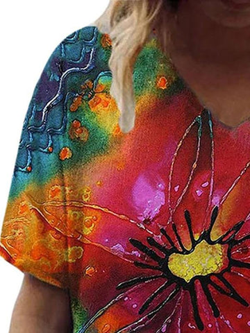 Women Flower Printed V Neck Short Sleeve T-shirts