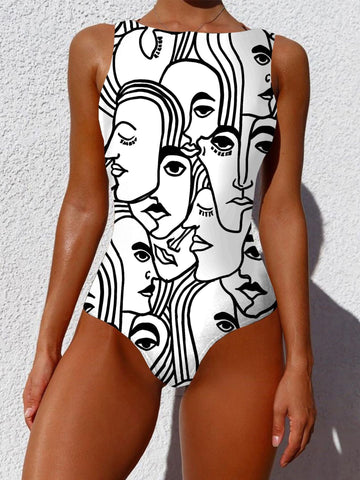 Women Graffiti Abstract Print Wide Straps High Neck Backless Slimming One Piece