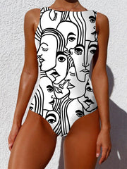 Women Graffiti Abstract Print Wide Straps High Neck Backless Slimming One Piece