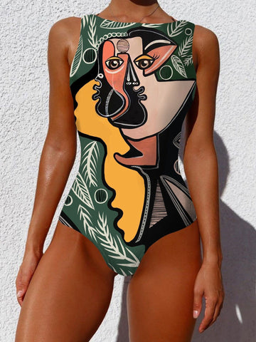 Women Graffiti Abstract Print Wide Straps High Neck Backless Slimming One Piece