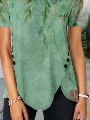 Women Leaf Printed Split Hem Round Neck Short Sleeve T-shirt