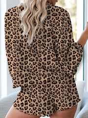 Women Night Wear Leopard Print Long Sleeve Top & Shorts Set