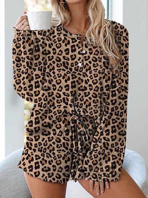Women Night Wear Leopard Print Long Sleeve Top & Shorts Set