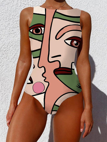 Women One Piece Graffiti Abstract Print Patchwork High Neck Sleeveless Slimming Swimsuit