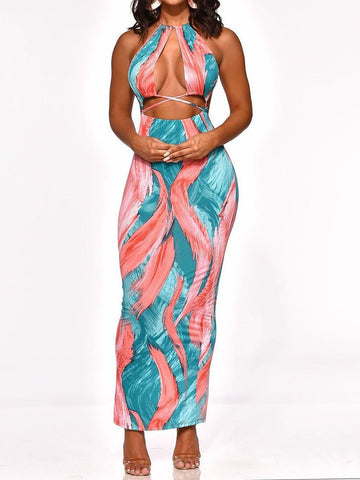 Women Printed Halter Bandage Crop Top & Maxi Dress Sets