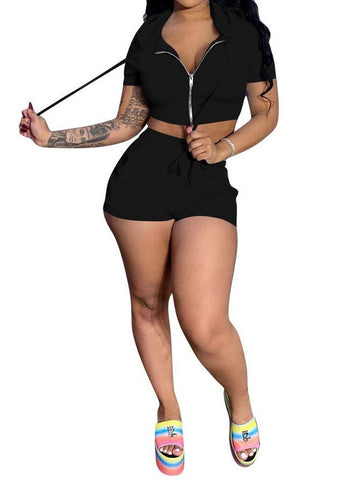 Zweiteilige Outfits mit einfarbigem Revers-Reißverschluss, bauchfreiem Top und Shorts für Damen