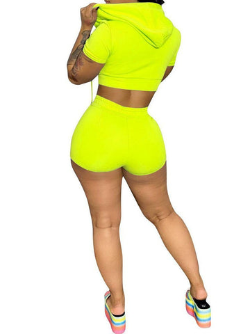 Zweiteilige Outfits mit einfarbigem Revers-Reißverschluss, bauchfreiem Top und Shorts für Damen