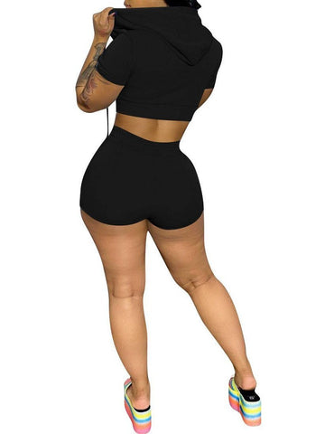 Zweiteilige Outfits mit einfarbigem Revers-Reißverschluss, bauchfreiem Top und Shorts für Damen