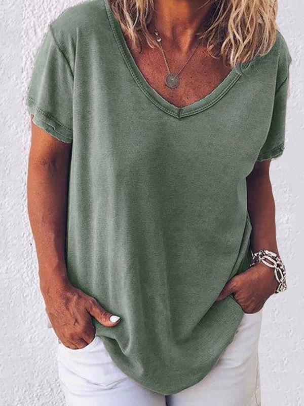 Women Solid Color V Neck Short Sleeve T-shirt