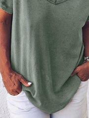 Women Solid Color V Neck Short Sleeve T-shirt