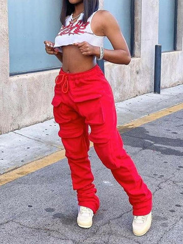 Women Street Fashion Solid Color Multi-pockets Trousers