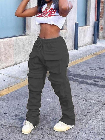 Women Street Fashion Solid Color Multi-pockets Trousers