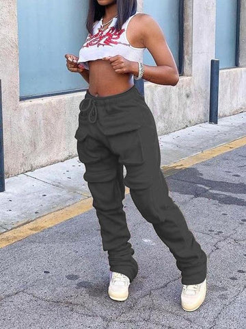 Women Street Fashion Solid Color Multi-pockets Trousers