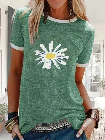 Women Sunflower Printed Round Neck Short Sleeve T-shirt