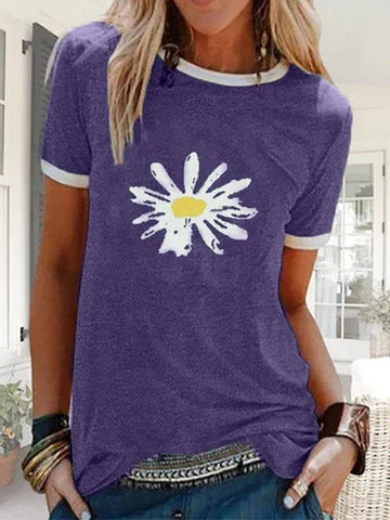 Women Sunflower Printed Round Neck Short Sleeve T-shirt