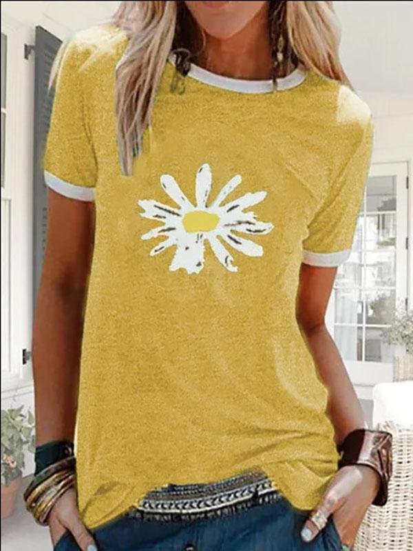 Women Sunflower Printed Round Neck Short Sleeve T-shirt