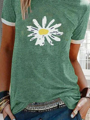 Women Sunflower Printed Round Neck Short Sleeve T-shirt