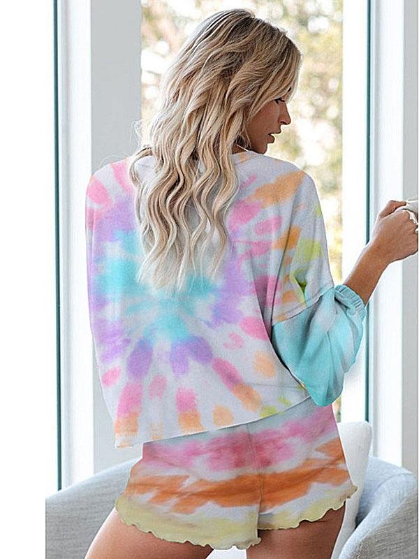 Women Tie Dye Printed Ruffle Short Pajamas Set