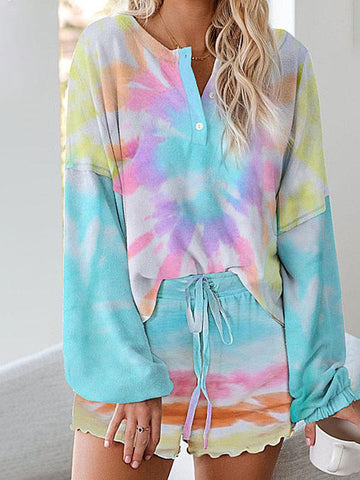 Women Tie Dye Printed Ruffle Short Pajamas Set