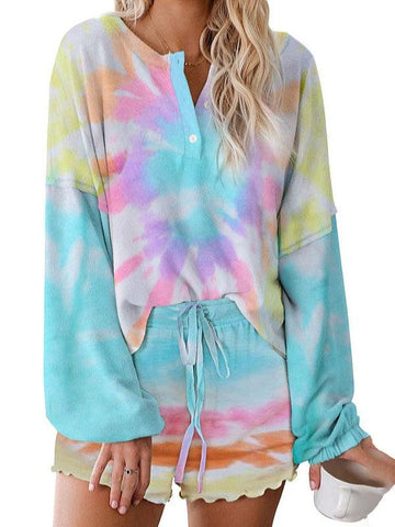 Women Tie Dye Printed Ruffle Short Pajamas Set