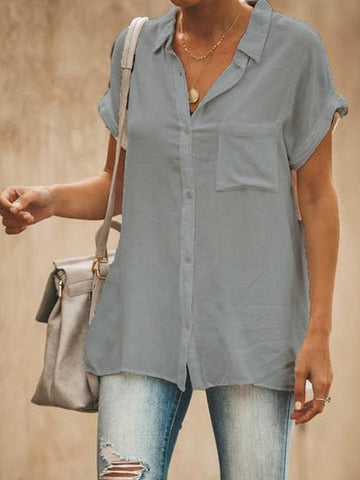 Solid Lapel Short Sleeve Pocket Blouse