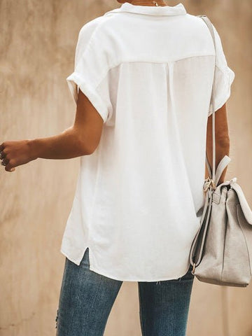 Solid Lapel Short Sleeve Pocket Blouse