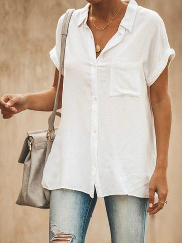 Solid Lapel Short Sleeve Pocket Blouse