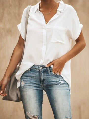 Solid Lapel Short Sleeve Pocket Blouse