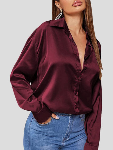 Solid Satin POLO Neck Long Sleeve Blouse