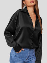 Solid Satin POLO Neck Long Sleeve Blouse