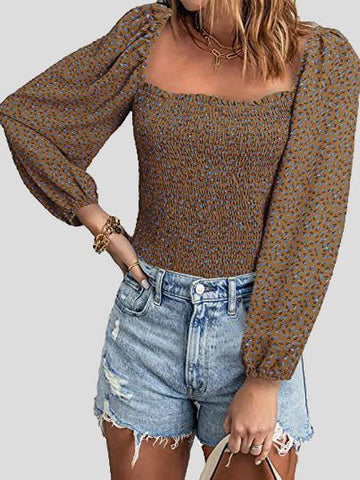 Square Neck Long Sleeves Slim Blouse