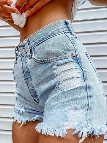 Denim Head Print Ripped Fringed Denim Shorts