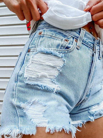 Denim Head Print Ripped Fringed Denim Shorts