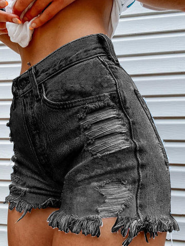 Denim Head Print Ripped Fringed Denim Shorts