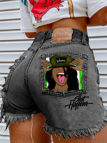 Zerrissene Jeansshorts mit Fransen und Denim Head-Print