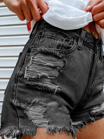 Denim Head Print Ripped Fringed Denim Shorts